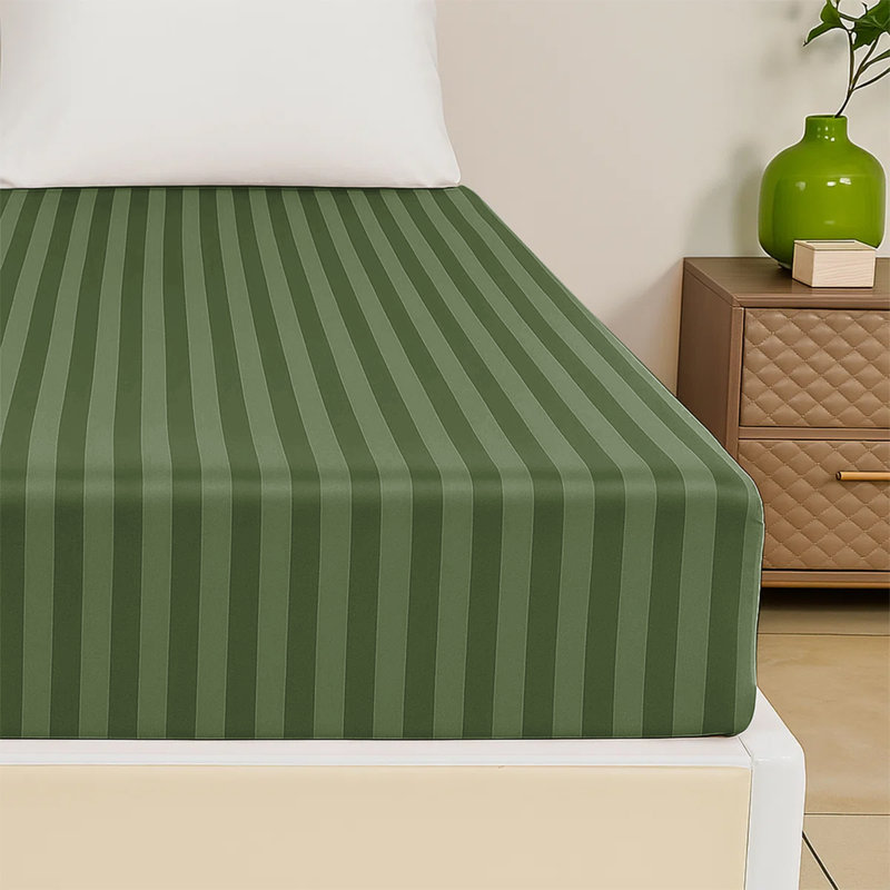 200 Thread Count Microfibre Stripe Fitted Sheet 40cm, Double (4'6), Olive Green
