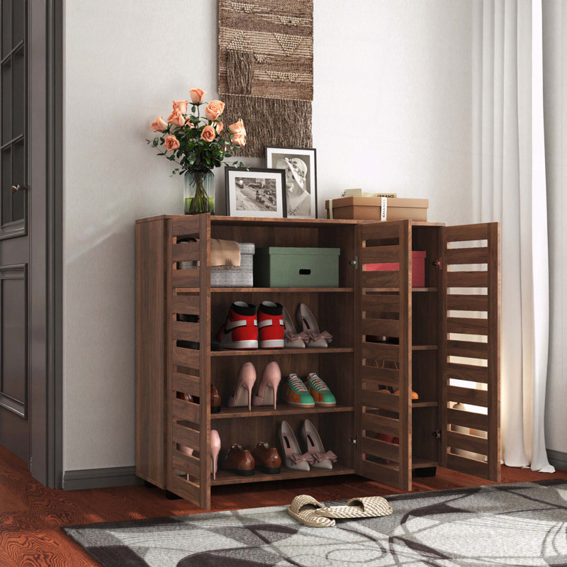 Shoe Cabinet Adjustable Shelves Wooden Rack Louvered Doors Organizer, Brown