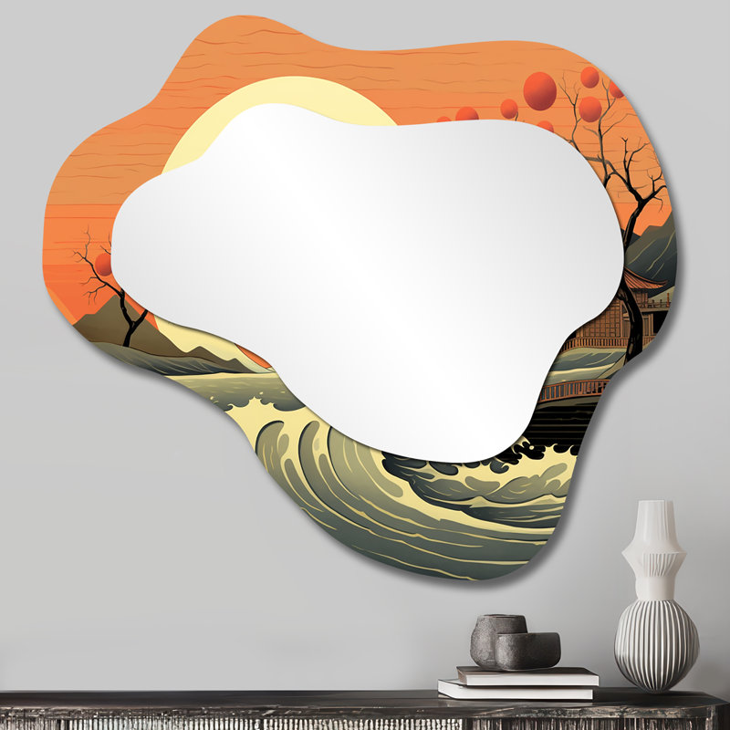 Cerisier en fleurs japonaises avec pleine lune et miroir japonais, 25 po x 28 po