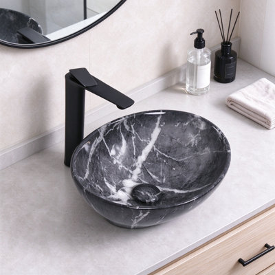 Davivy 16" X 13.2" Oval Vessel Sink with Pop-Up Drain, Unique Marbling Ceramic Bathroom Sink, European Modern Sleek Style,
