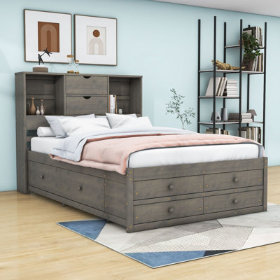 Bundrage Wood Platform Bed with Storage Shelves and 8 Drawers
