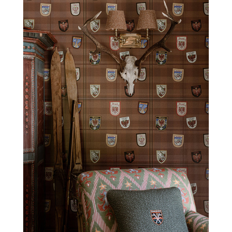 Tyrol Apres-Ski Home Gingham Wallpaper Roll, Blue/Burnt Orange/Red/Taupe