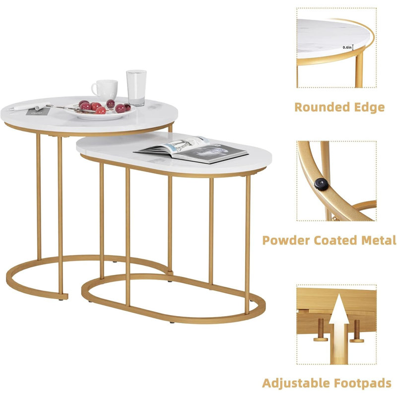 Golden Marble Pattern Nesting Tables - Set Of 2 Stacking Side Tables For Living Room, Balcony, And Office Decor, Golden