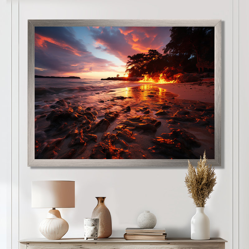 Impression sur toile encadrée rose et orange I - Coastal Beach, Cadre de coin argenté fermé, H 16 po x l 32 po x P 1 po