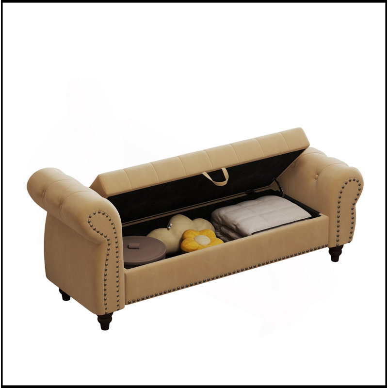 64.5" Nails Tufted Velvet Upholstery Bed Bench with Storage, Khaki