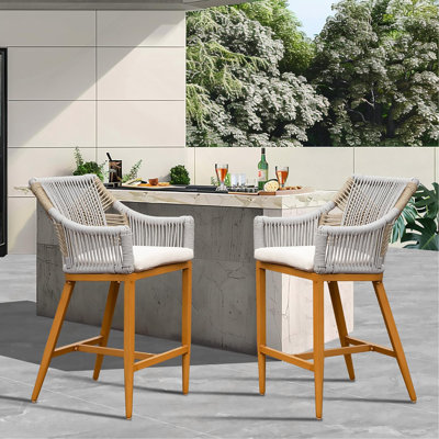 Ensemble de 2 tabourets de bar, chaises de bar à hauteur de comptoir pour l'extérieur avec accoudoirs et dossier, tabourets de bar hauts en aluminium avec coussin, tabourets de bar Boho en corde de textilène moderne pour le jardin, la piscine, le patio, la cuisine