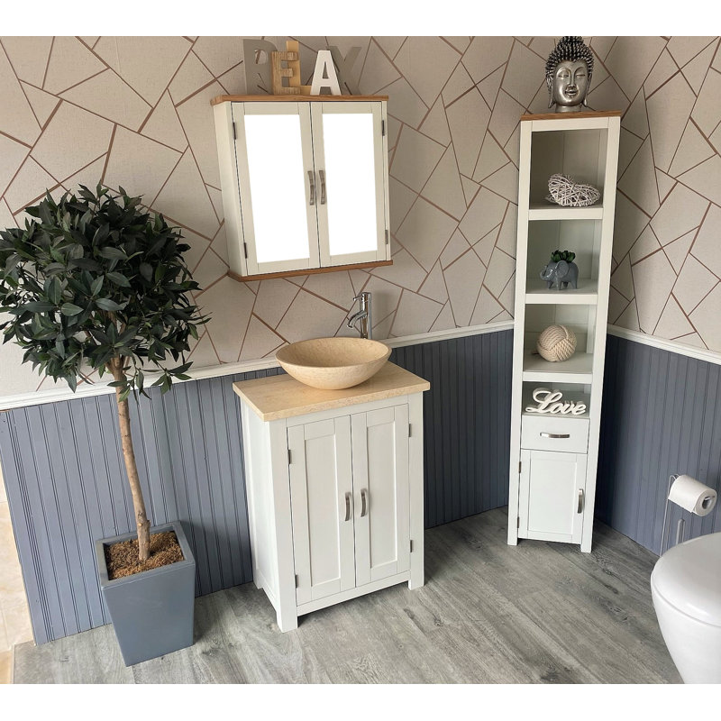 Ambee 650 mm Freestanding Single Vanity with Vessel Stone Basin, White