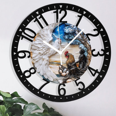 Metal Wall Clock for Living Room -10" Two Roosters Figure Eggs Under Tree Silent Non Ticking,Battery Operated, Antique Clocks for Farmhouse,Bedroom,Kitchen - Arabic Numerals