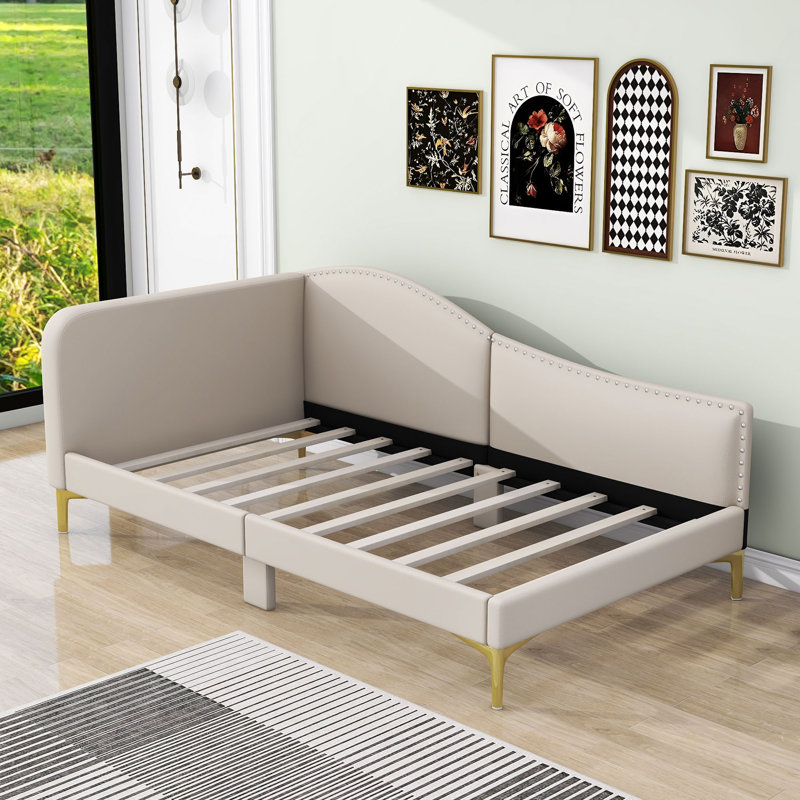 Lit de jour rembourré avec accoudoirs et pieds de soutien, Lit simple, Beige