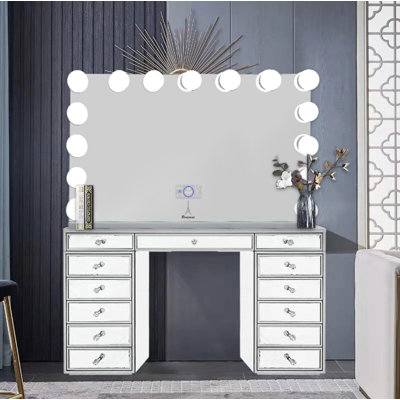 Meuble-lavabo à miroir en verre gris avec 13 tiroirs utilisés pour le rangement du maquillage Miroir optionnel avec lumières Hollywood
