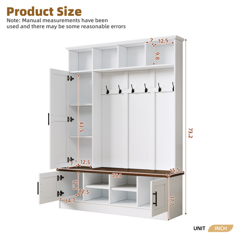 3-In-1 Hall Tree With 6 Hooks,  Storage Bench  Multiple Storage Space, White