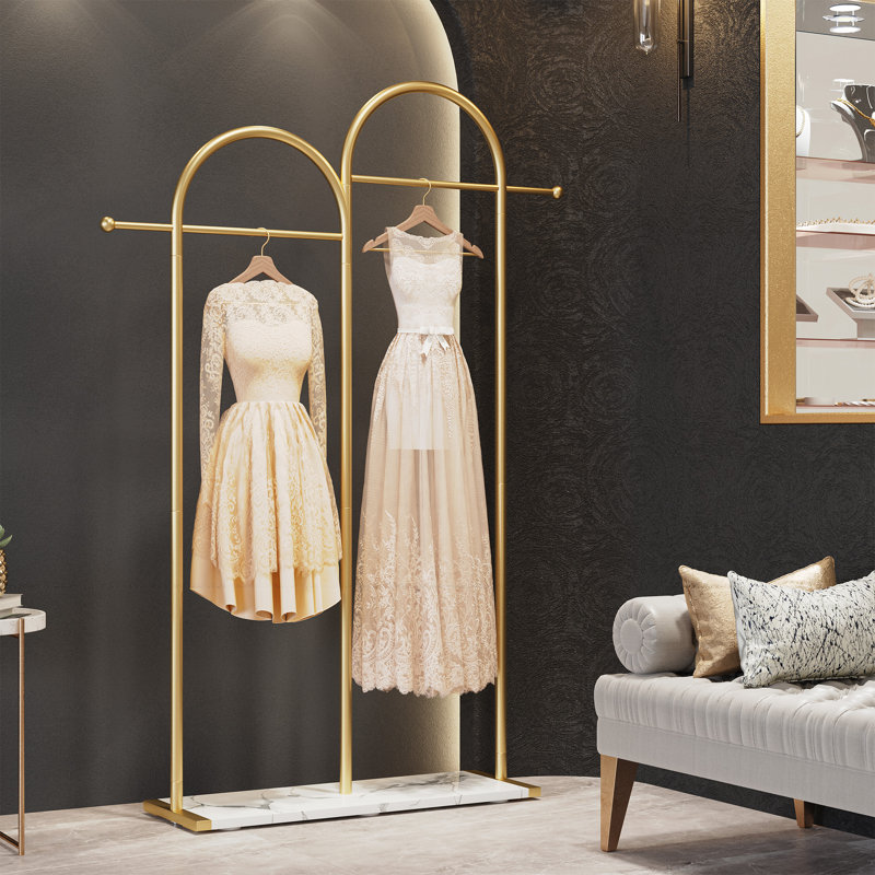 Porte-vêtements à double arche, support à vêtements autoportant doré avec tablette pour chambre à coucher, salon, entrée