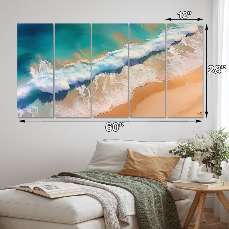 Aérien Viewtropical Turquoise Wave Breaking II - plage, reproduction sur toile - 5 panneaux égaux