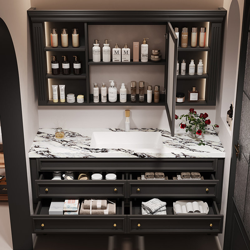 Armoire de salle de bain rétro française, Noir, H 32,3 po x l 59 po x P 21,7 po