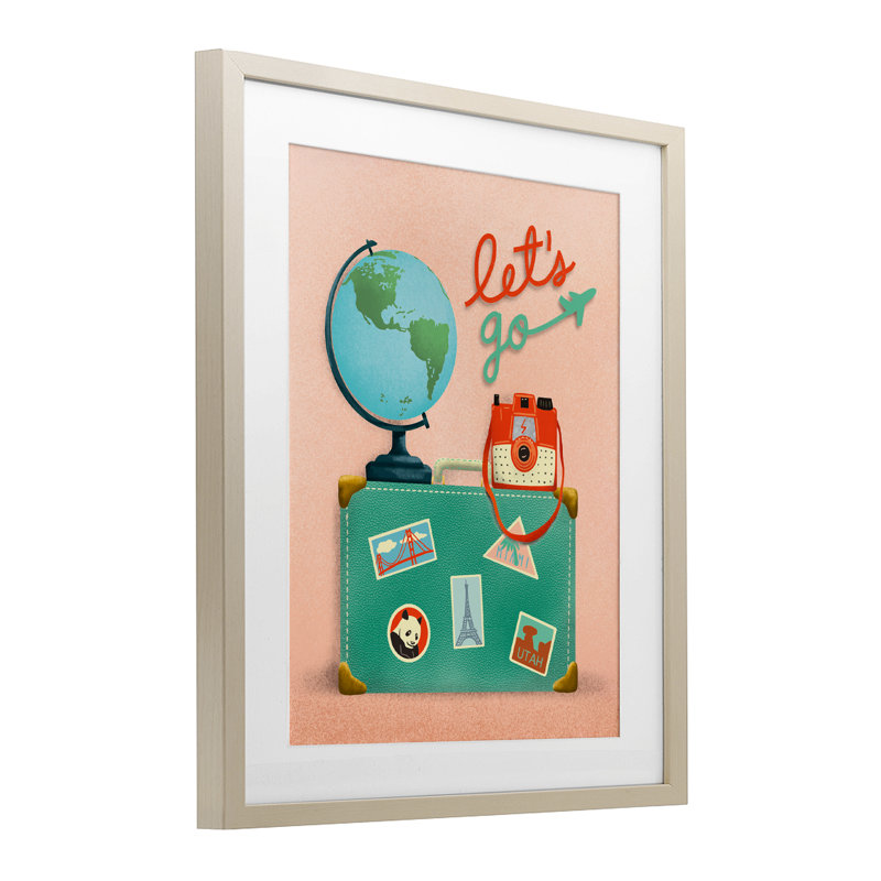 «Let Go Travel Valise», reproduction imprimée sous verre, conception de Jilly Jack Designs, Cadre de récolte en pin
