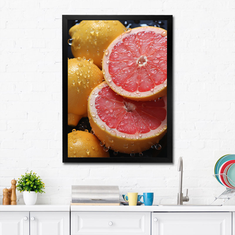 Fruit zesty pamplemousse pointillisme, reproduction sur toile, H 20 po x l 12 po x P 1 po, Cadre noir