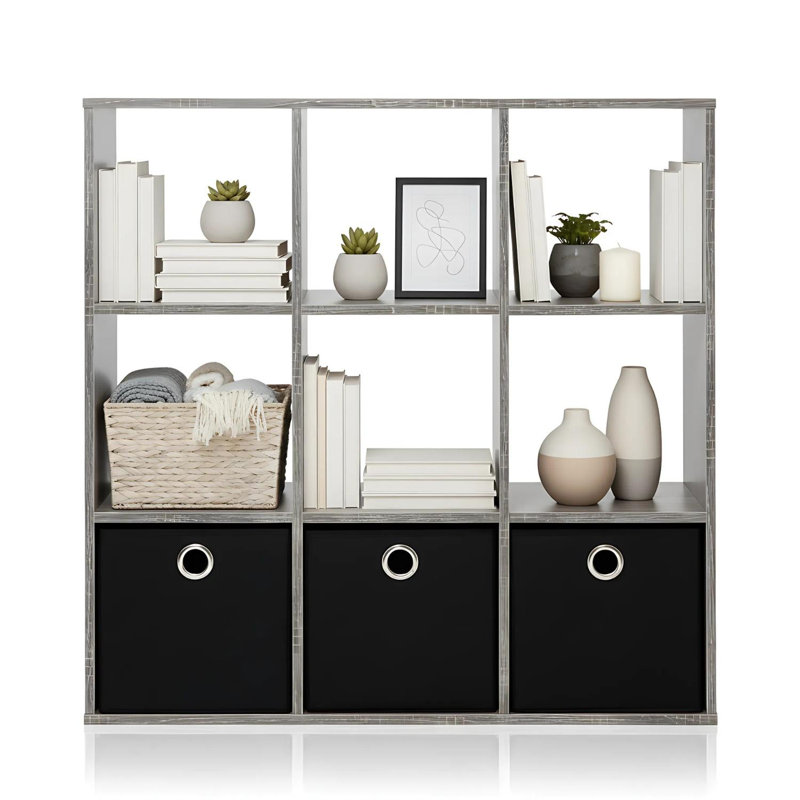 Simplistic 9-Cube Organizer French Oak Grey and Black with Bins Cube Storage Living Room, Gray/Black