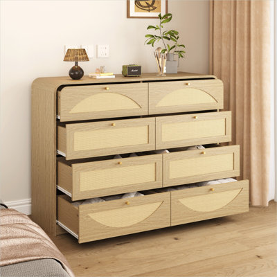 Wide 8-Drawer Dresser in Organic Natural with Rattan Front, Boho Storage Chest for Bedroom and Living Room