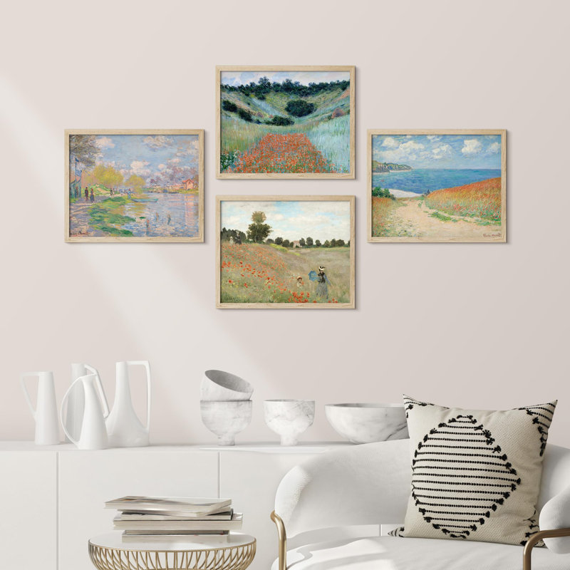 Monet pastel botanique floral collage côtier encadré sur papier, 4 pièces, Naturel, H 12 po x l 16 po
