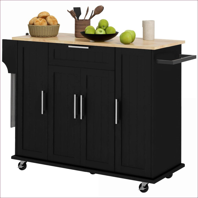 Îlot de cuisine sur roulettes avec plateau en bois d'hévéa, rangement, tiroir, épices et amp; Porte-serviettes | Noir moderne