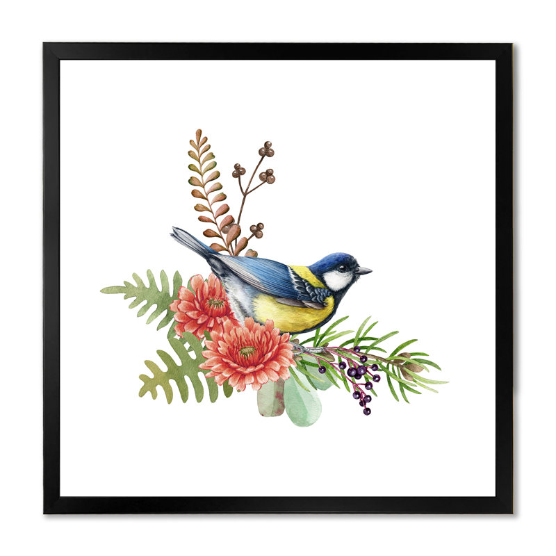 Oiseau mésange bleue avec fleurs - peinture sur toile, H 16 po x l 16 po x P 1 po, Cadre d'angle fermé noir