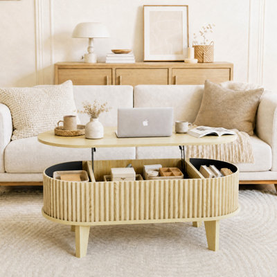 41" Oval Lifting Top Coffee Table with Storage, Fluted Design for Living Room or Home Office，Oak