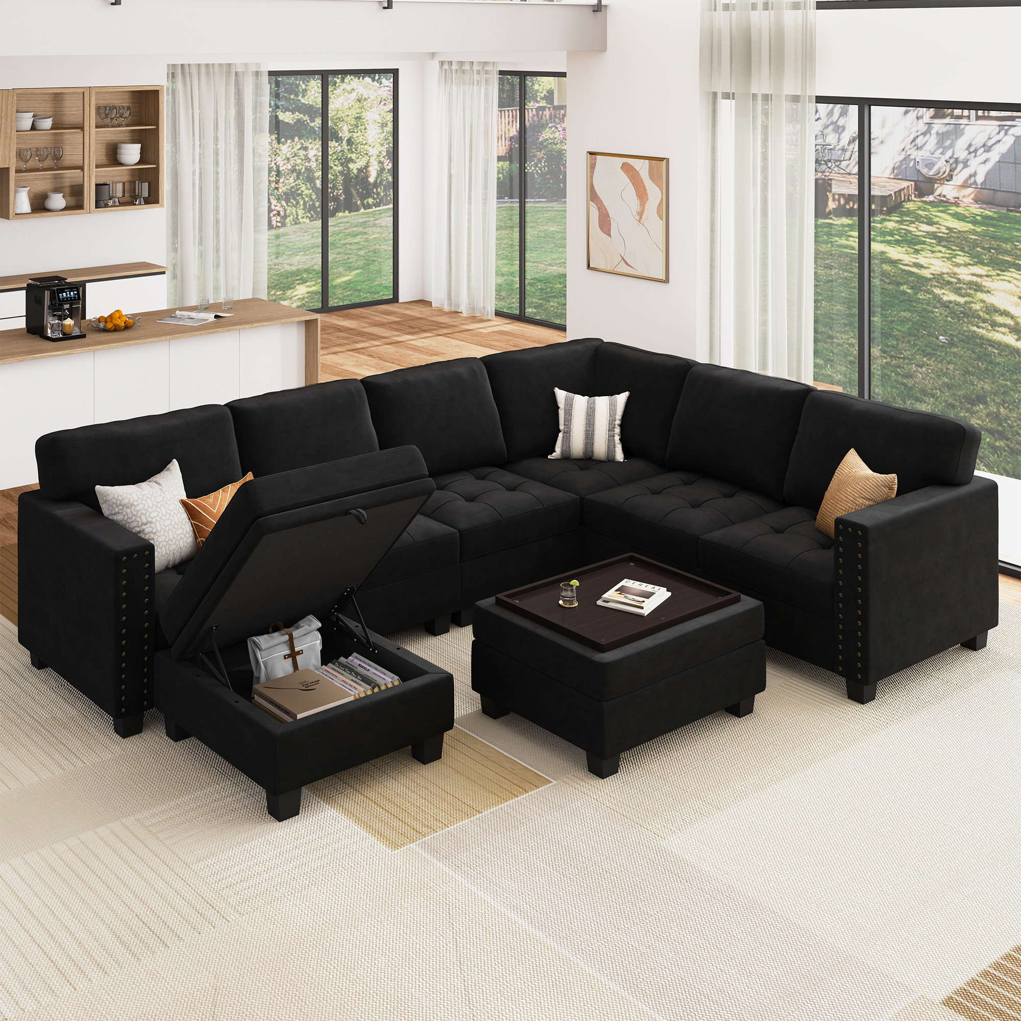 Malessa Velvet Corner Sectional Modular U Shaped Sofa Couch With Tray  Storage Ottoman