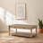 Solid wood rectangular cocktail table with sand finish, transitional casual design, two storage drawers, and casters