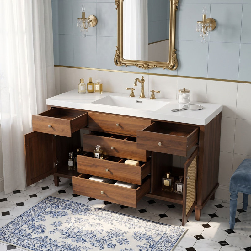 Freestanding Standard Free Standing Single Double Single Vanity Bathroom Vanity With Top, Brown