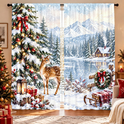 2Pcs rideaux de scène de Noël d'hiver, paysage enneigé pittoresque avec un cerf près d'un arbre décoré, chalet douillet avec lac gelé, filtrage de la lumière, écran d'intimité, passe-tringle, lavable à la machine, parfait pour les décorations des Fêtes, le salon, la chambre à coucher, le balcon, etc.