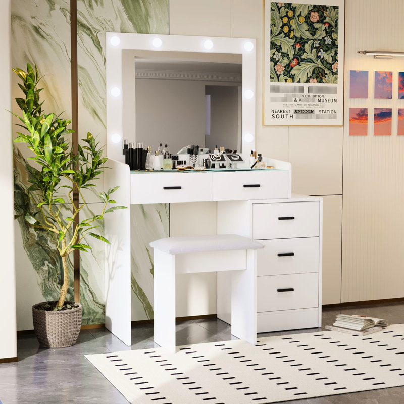 Modern Dressing Table With Extra Storage And Touch Sensor Led Lights Matte White Makeup Cabinet Sliding Mirror Large