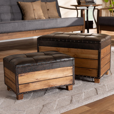 Eastlyn Rustic Faux Leather Upholstered 2-Piece Wood Storage Trunk Ottoman Set