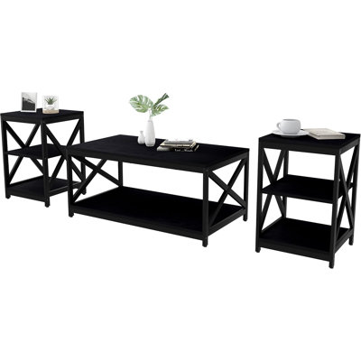 Living Room Coffee Table Set of 3, Industrial X-Design Coffee Table and 2 End Side Tables, 3 Piece Living Room Table Set with Large Storage for Apartm by Gracie Oaks