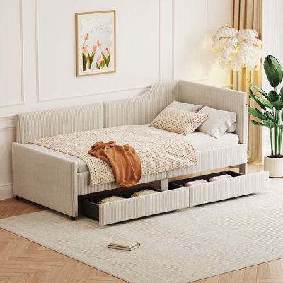 Twin Size L-Shaped Corduroy Daybed, Upholstered Platform Bed Frame with 2 Built-In Storage Drawers for a Cozy and Practical Design, by Latitude Run