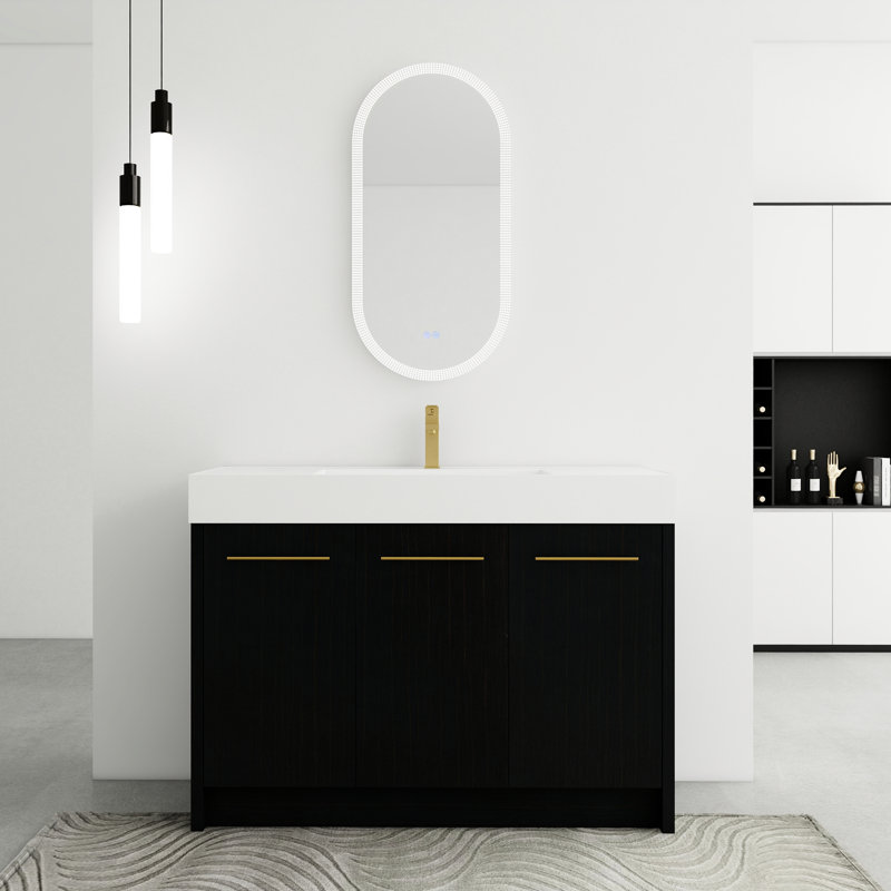 Meuble-lavabo autoportant 48 po avec lavabo en résine, porte transparente, élément moderne, exposition châtaignier noir, accessoire en contreplaqué