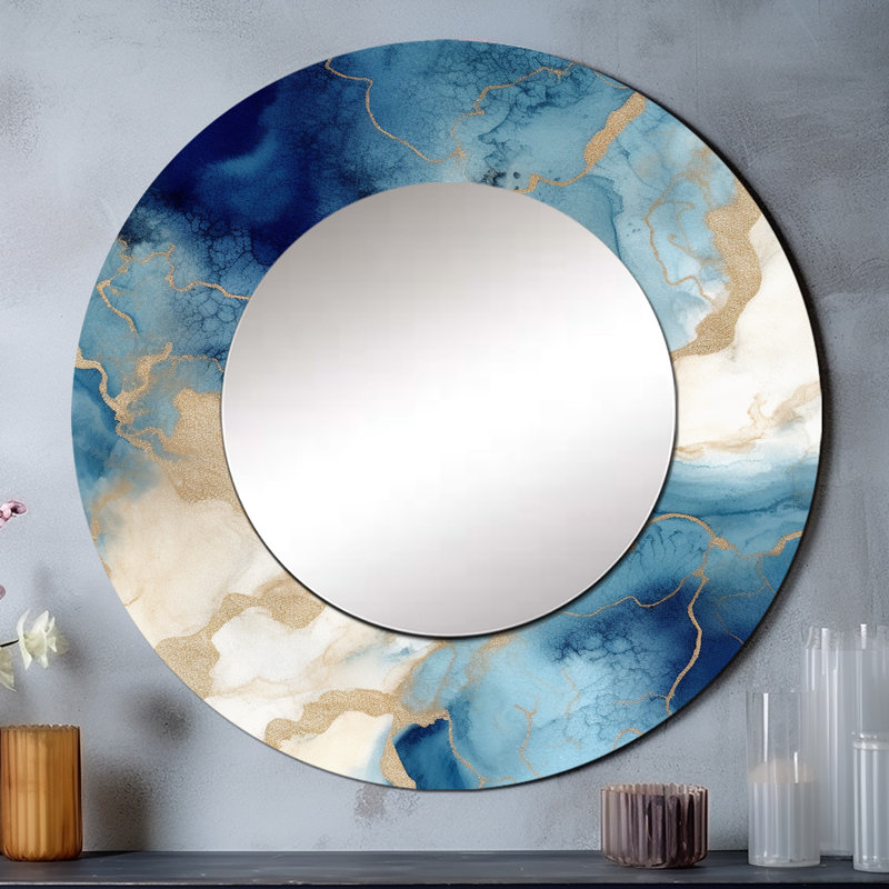 Nuage de marbre bleu et doré - fractales, miroir mural rond bleu, impression sur métal, 36 po x 36 po