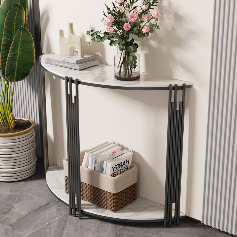 39.4" 2-Tier Half-Moon Sinter Stone Console Table With Black Metal Frame