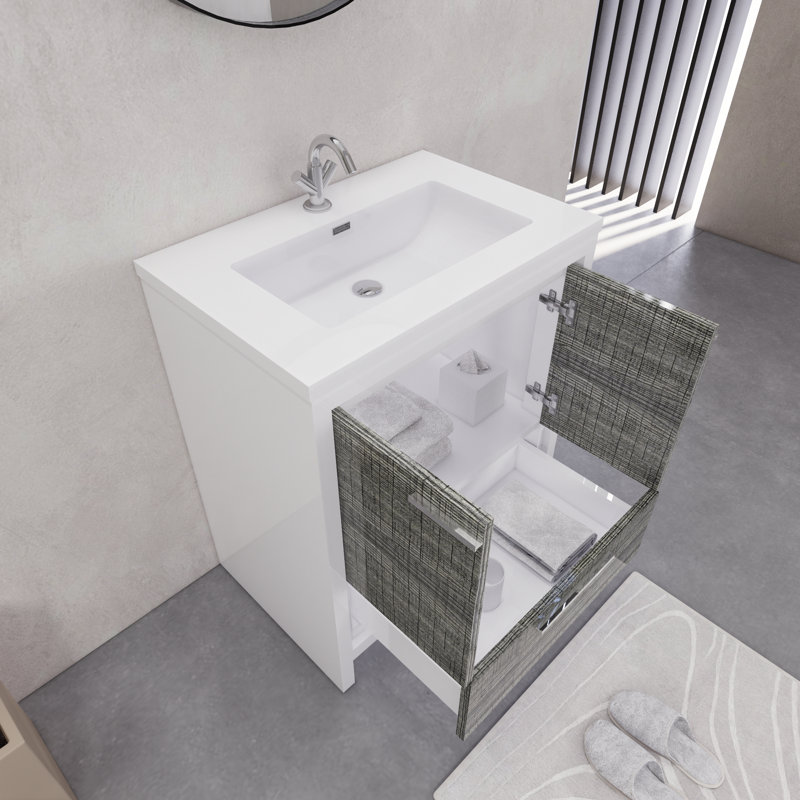 Ensemble de meuble-lavabo simple 29,6 po Eden, Blanc lustré/ bois de frêne gris