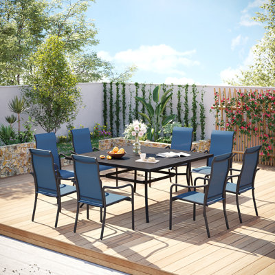 Ensemble de salle à manger 8 pièces pour patio avec table de salle à manger en métal 60 po et 8 chaises PVC-coated polyester