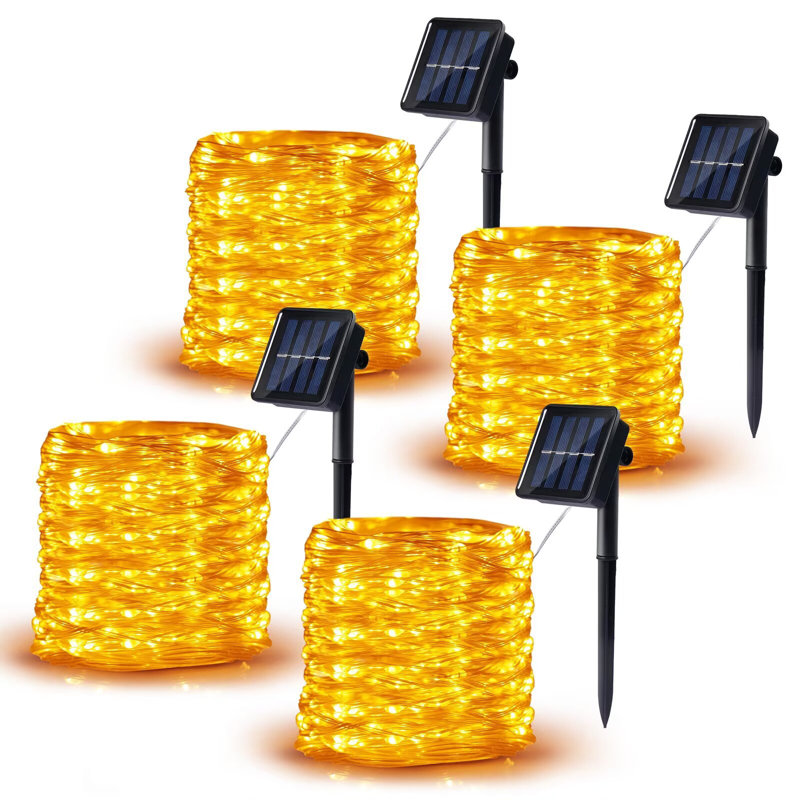 Guirlande solaire de lumières de fée pour l'extérieur, 100 lumières imperméables avec 8 modes (ensemble de 4), Jaune