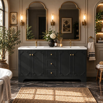 Meuble-lavabo de style français de 60 pouces avec lavabo intégré en résine, armoire sculptée, 4 portes à fermeture en douceur et 3 tiroirs.