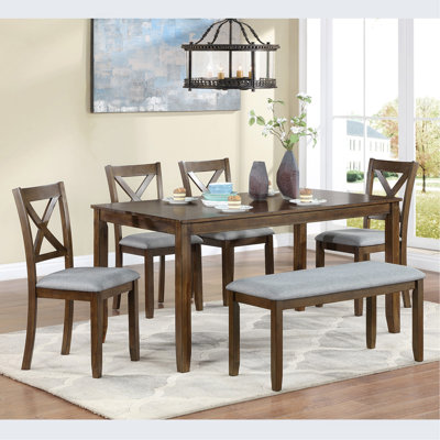 6 Piece Kitchen Dining Set, Rectangular Wooden Dining Table with 4 Upholstered Chairs and a Bench, Dining Table Set for 6 People, Living Room, Home Ba