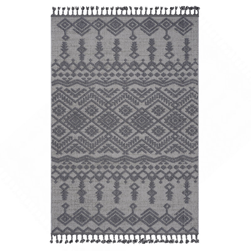 5X7 White / Gray / Traditional Indoor / Outdoor Area Rug, Rectangle 5'3" x 7'6"