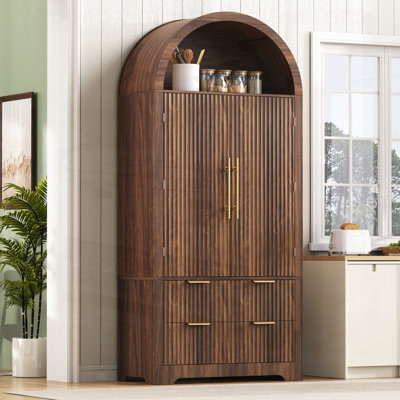 Tall Arched Kitchen Pantry Cabinet with 2 Drawers, Mid Century Modern Fluted Storage Cabinet with 8 Adjustable Door Shelves, Wooden Cupboard Organizer for Kitchens, Living Room
