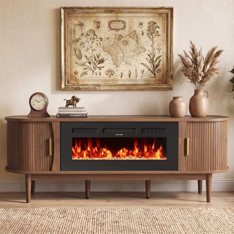70" Fluted Fireplace TV Stand For Up To 80" Tvs, Modern Media Console With Adjustable Flame Colors/Temp, Remote & Touch Control, Storage Entertainment Center For Living Room (Walnut)