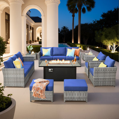 Ensemble de mobilier d'extérieur pour 10 personnes, ensemble de conversation modulaire en rotin d'osier avec coussins, ensemble de conversation pour canapé toutes saisons avec foyer et table de jardin