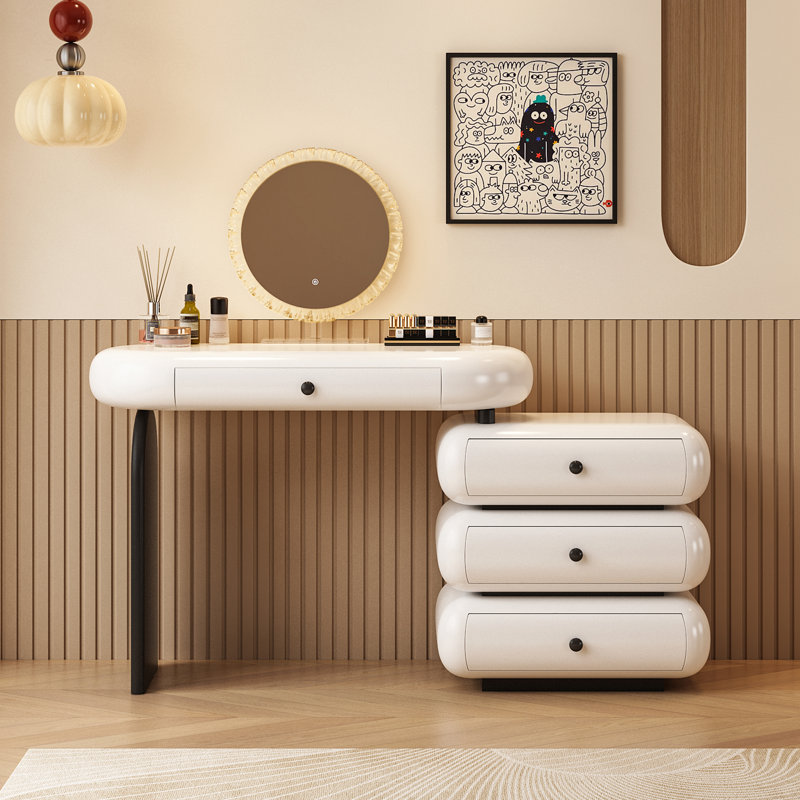 Meuble-lavabo moderne extensible avec miroir à DEL, tiroirs de rangement et installation réversible gauche / droite, table de maquillage à assemblage ultra facile pour la chambre à coucher