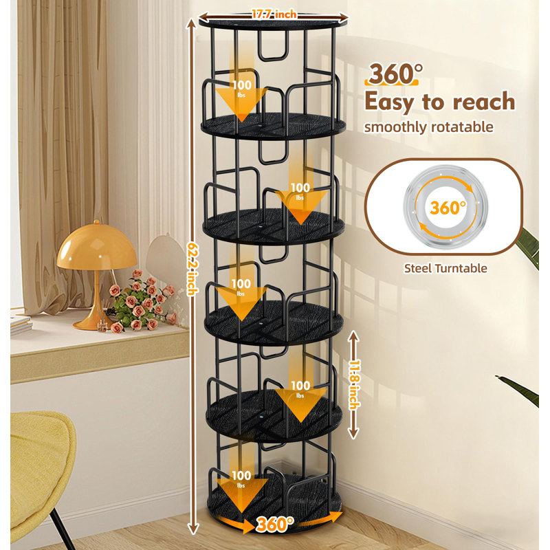 Rotating Bookshelf Tower 5 Tier, Spinning Bookcase, Revolving 360 Book Shelf Narrow Tall Bookcase, Vertical Turning Round Storage Bookshelf, Book Shelf Organizer For Bedroom, Living Room, Black