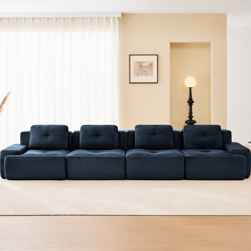 Canapé d'angle modulaire 4 places 153 po, velours côtelé bleu, assise profonde, passepoil nacré, aucun assemblage requis, 153 po, bleu, velours côtelé.