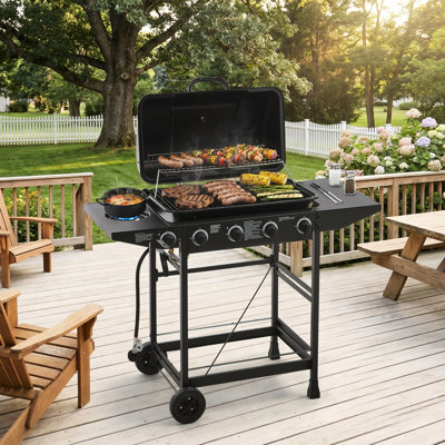 Barbecue à gaz 42000 avec 1 brûleur latéral, acier inoxydable, surface de cuisson de 352 po², fonction de maintien au chaud, 4 brûleurs au propane, grilles émaillées, mobile